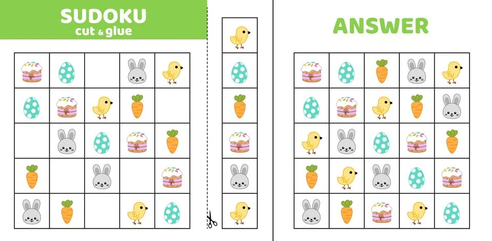 Sudoku with five Easter elements. Game puzzle for kids. Cut and glue. Cartoon Illustrazione stock