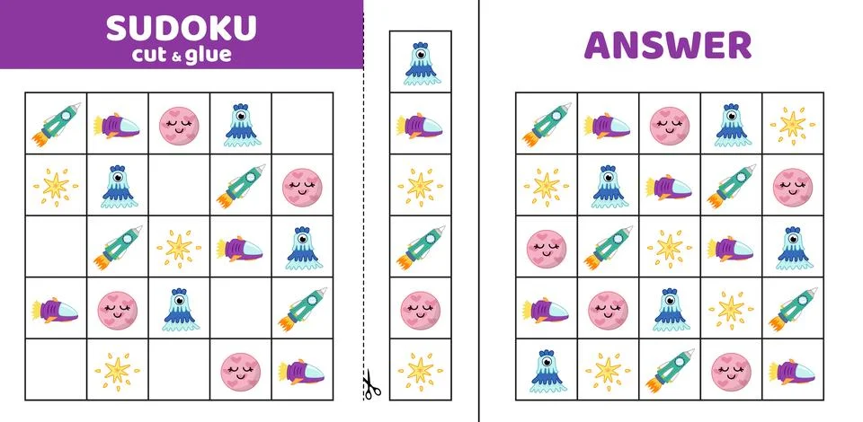 Sudoku with five ufo elements. Game puzzle for little kids. Cut and glue 스톡 일러스트