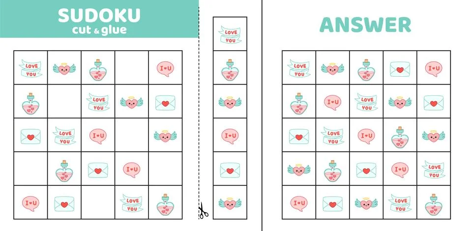 Sudoku with five valentines day elements. Game puzzle for kids. Mails. Cut and イラスト素材