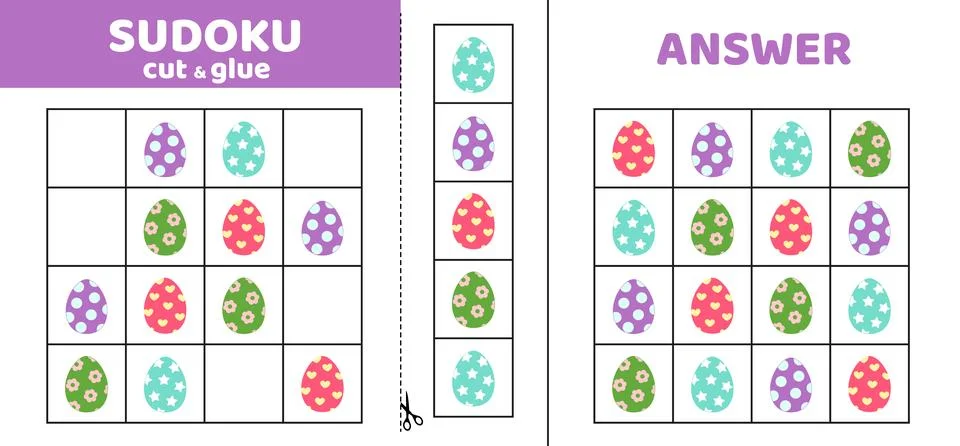 Sudoku with four Easter eggs. Game puzzle for kids. Cut and glue. Cartoon Stock Illustration