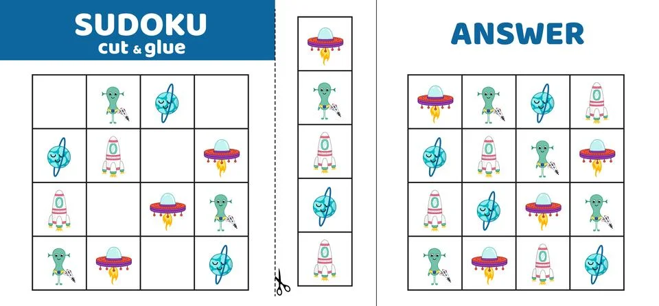 Sudoku with four space elements. Game puzzle for little kids. Cut and glue Stock Illustration