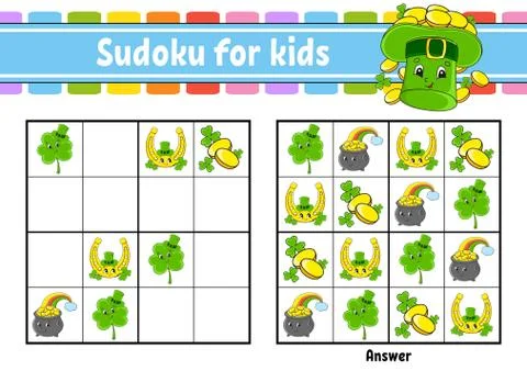Sudoku for kids. Education developing worksheet. Cartoon character. Color act Stock Illustration