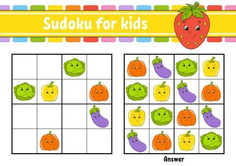 Sudoku for kids. Education developing worksheet. Vegetable, fruit. Cartoon ch Stock Illustration