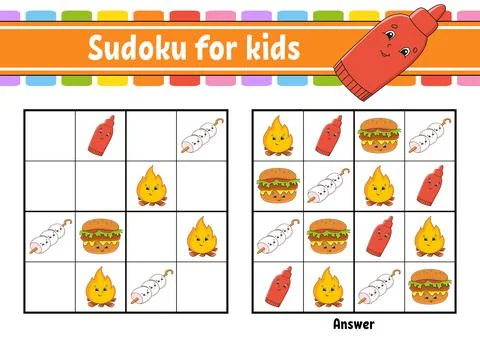 Sudoku for kids. Education developing worksheet. Cartoon character. Color act Stock Illustration
