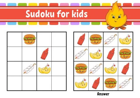 Sudoku for kids. Education developing worksheet. Cartoon character. Color act Stock Illustration