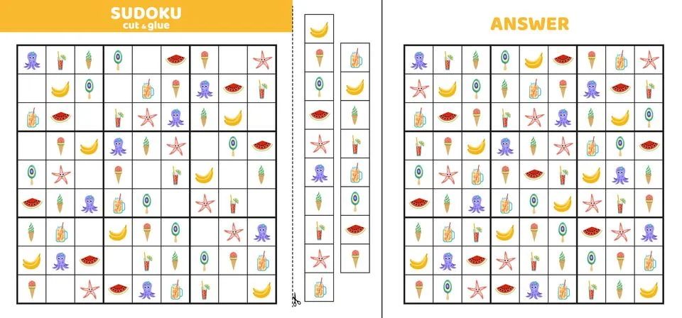 Sudoku with nine summer elements. Game puzzle for kids. Cut and glue. Cartoon イラスト素材