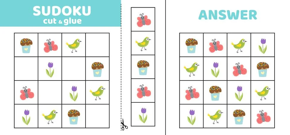 Sudoku with spring elements cupcake, bird, butterfly, tulip. Game puzzle for Stock Illustration