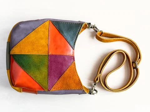Suede and leather handmade patchwork crossbody bag Stock Photos
