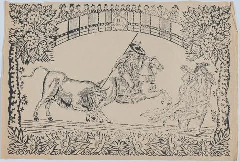 Suerte III: Picador stabbing a bull; two toreros running to right ca. 18508.. Stock Photos