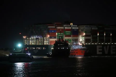 Suez Canal blocked as container ship runs aground, Egypt - 27 Mar 2021 Stock Photos