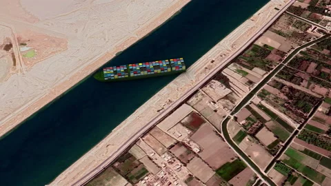 Suez Canal blocked by mega-ship - Air view rotation Video stock 151218699