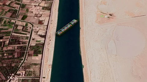 Suez Canal blocked by mega-ship - Air view Stock Footage