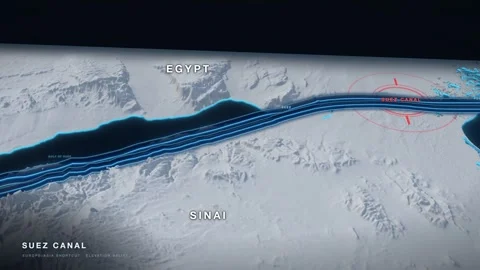 Suez Canal white 3D terrain relief map on a black sea with glowing cyan Stock Footage 344008806