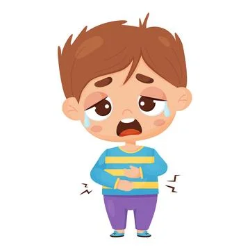 Suffering sick boy. Child is crying and holding his stomach. Pain in the st.. Stock Illustration