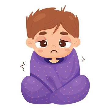Suffering sick boy wrapped in blanket trembles. Vector illustration in cart.. Stock Illustration