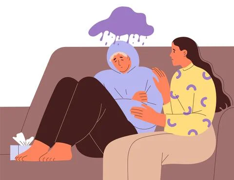 Suffering young man on couch and compassionate woman Stock Illustration