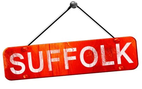 Suffolk, 3D rendering, a red hanging sign Illustrazione stock