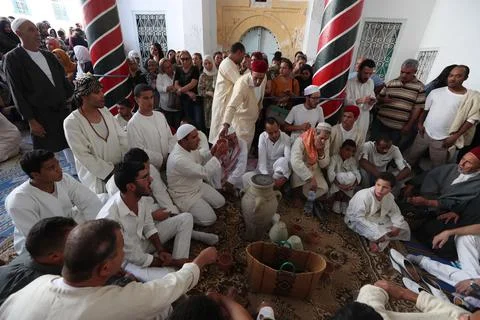 Sufi committee gathering during Kharja Issawiya, Tunis, Tunisia - 14 Oct 2018 Stock Photos