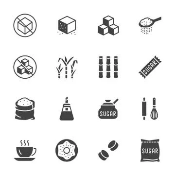 Sugar cane, cube flat glyph icons set. Sweetener, stevia, bakery products vector Illustrazione stock