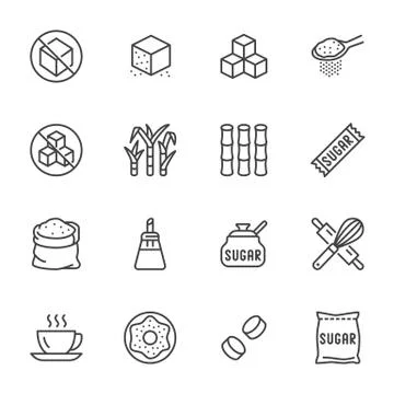 Sugar cane, cube flat line icons set. Sweetener, stevia, bakery products vector Stock Illustration