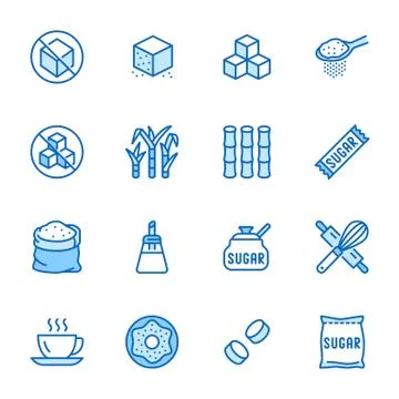 Sugar cane, cube flat line icons set. Sweetener, stevia, bakery products vector Stock Illustration