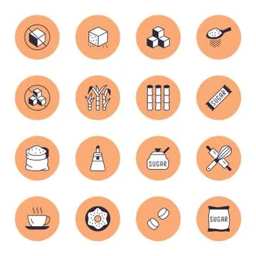Sugar cane, cube flat line icons set. Sweetener, stevia, bakery products vector Stock Illustration