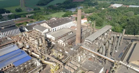 Sugar cane industrial mill processing plant in Brazil. Sugarcane plant produc Stock Footage 121102246