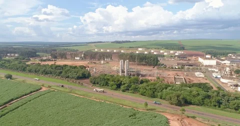 Sugar cane industrial mill processing plant in Brazil. Sugarcane plant produc Stock Footage 121102344