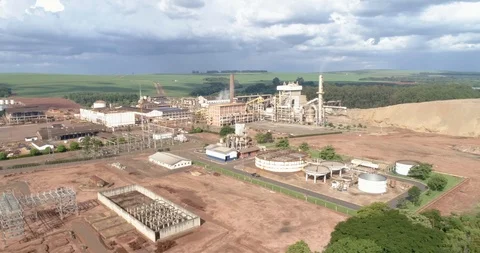 Sugar cane industrial mill processing plant in Brazil. Sugarcane plant produc Stock Footage 121102394