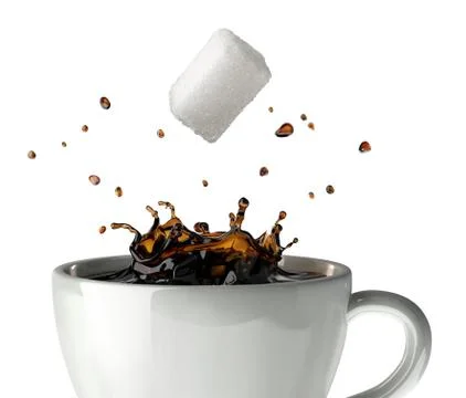 Sugar cube falling and splashing into a cup of black coffee. Close up view. Stock Illustration