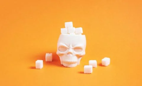 Sugar cubes in container in shape of skull on orange background. Stock Photos