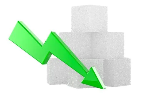Sugar cubes with downward arrow. Sugar price falling or blood sugar decreas.. Stock Illustration