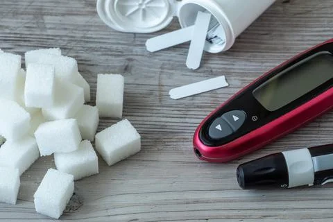 Sugar cubes on the table. Diabetes testing Stock Photos