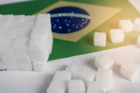 Sugar cubes on a white background Sugar industry in Brazil Stock Photos