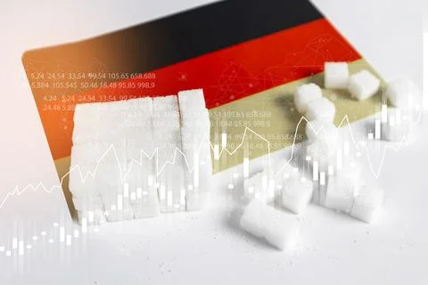 Sugar cubes on a white background Sugar industry business in Germany Stock Photos