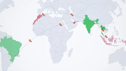 Sugar Export Routes on Light Map Stock Footage 342338466