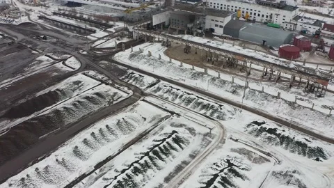 Sugar factory. Processing beets in the winter. Aero Stock Footage 133984302