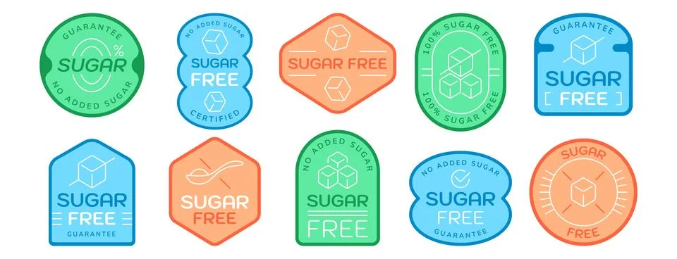 Sugar free icon vector set, zero calories emblems, diet beverage products badges Stock Illustration