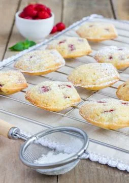 Sugar powdered madeleines with raspberry Foto stock