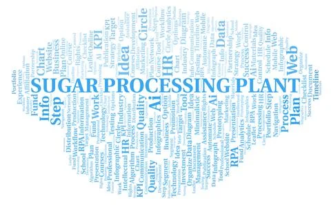 Sugar Processing Plant typography word cloud create with the text only. Illustrazione stock