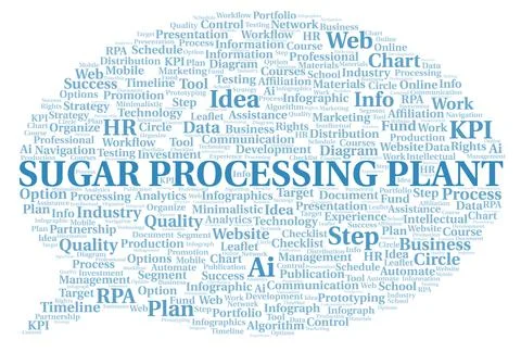 Sugar Processing Plant typography word cloud create with the text only. Illustrazione stock