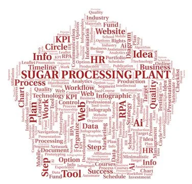 Sugar Processing Plant typography word cloud create with the text only. Illustrazione stock