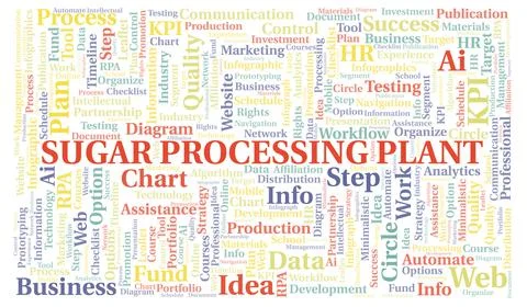Sugar Processing Plant typography word cloud create with the text only. Illustrazione stock