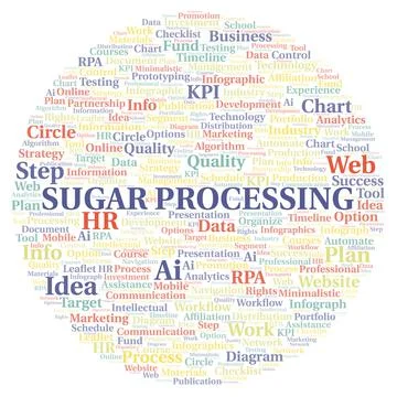Sugar Processing typography word cloud create with the text only. Illustrazione stock