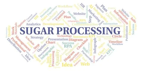 Sugar Processing typography word cloud create with the text only. Illustrazione stock