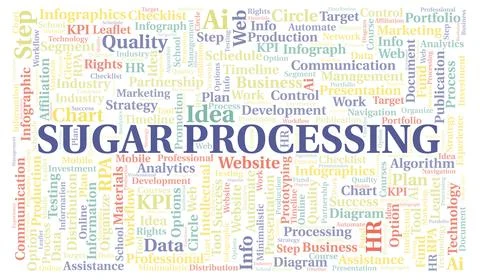 Sugar Processing typography word cloud create with the text only. Illustrazione stock