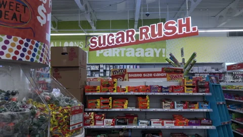Sugar Rush, Candy and Sweets for Sale in reatail Store Video stock 224196783