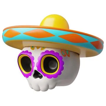 Sugar skull, with bright pattern, in sambrero, Mexican Day of the Dead Illustrazione stock