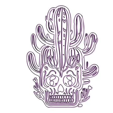 Sugar Skull with Cactus Growing on it, Day of the Dead Design Stock Illustration