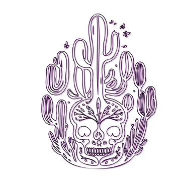 Sugar Skull with Cactus Illustration Stock Illustration